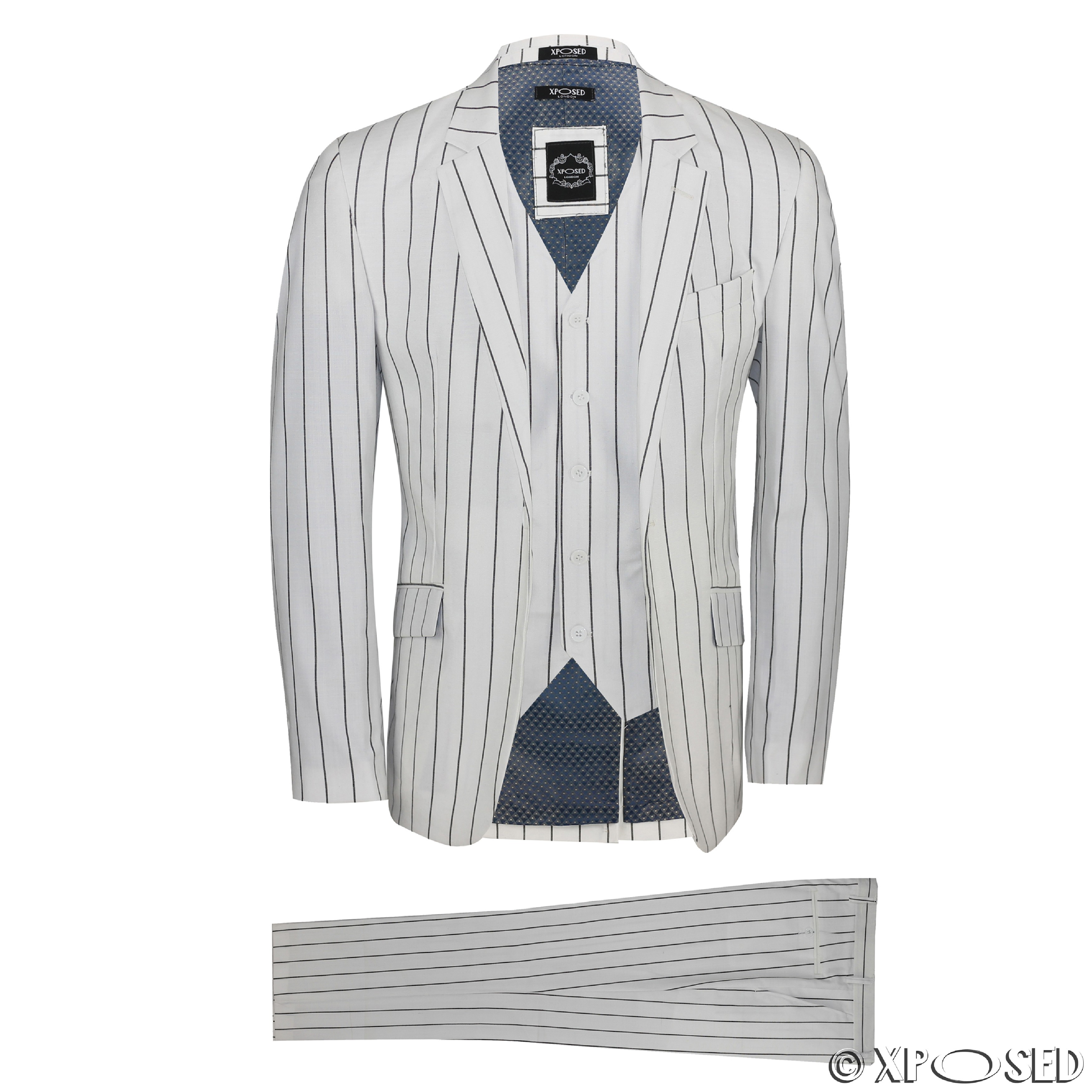 Mens White 3 Piece Black Pinstripe Cotton Linen Blend Tailored Fit